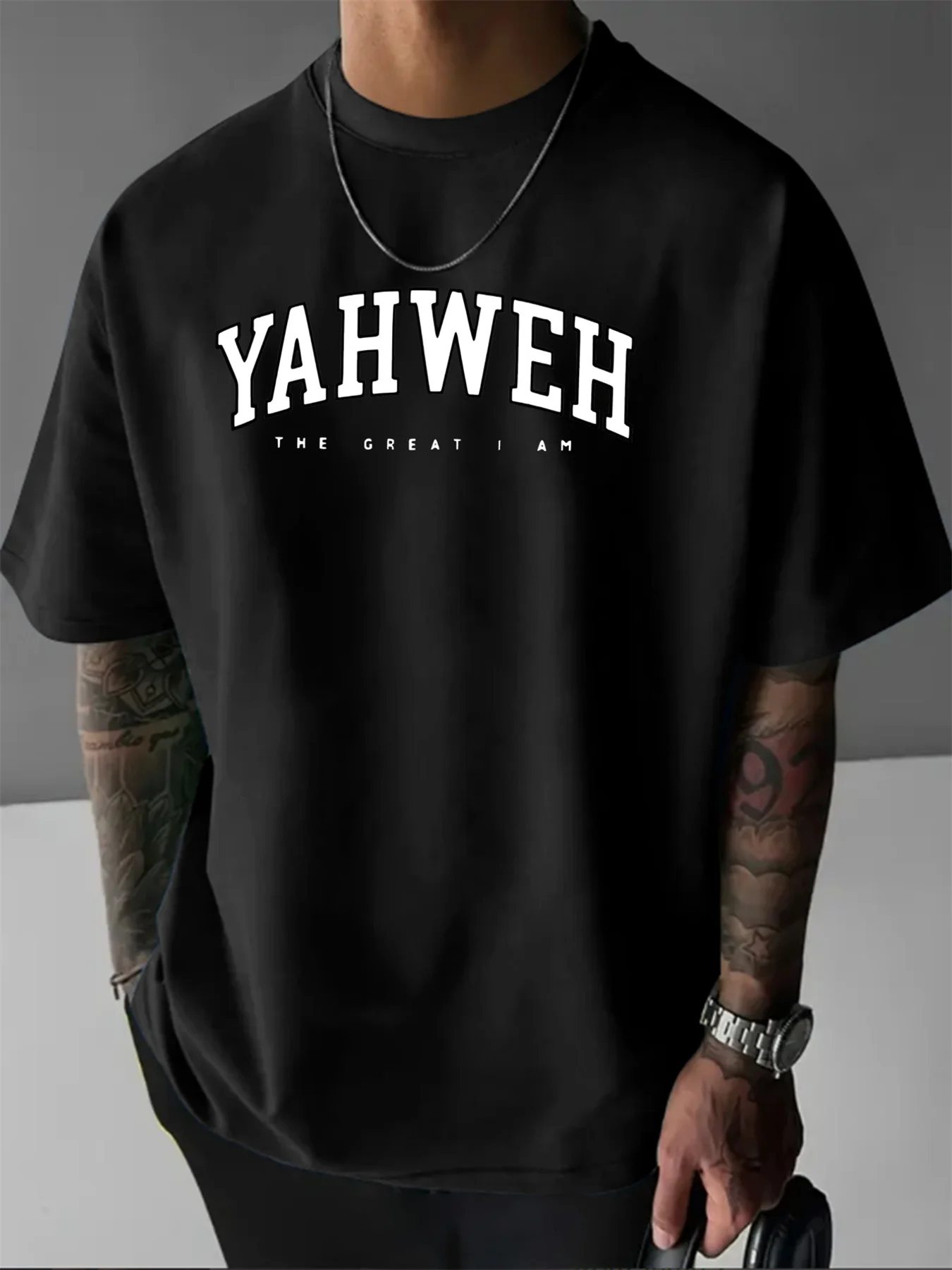Camiseta de manga corta con cuello redondo holgada deportiva informal a la moda con estampado de letras YAHWEH de algodón puro 100% de verano para hombre