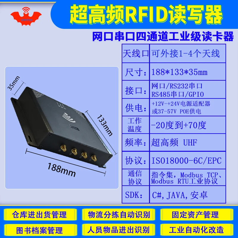 UHF RFID reader impinj E710 4 antenna port ethernet 915MHZ for warehouse logistic production line  fixed rj45 RS232/485 rfid chi