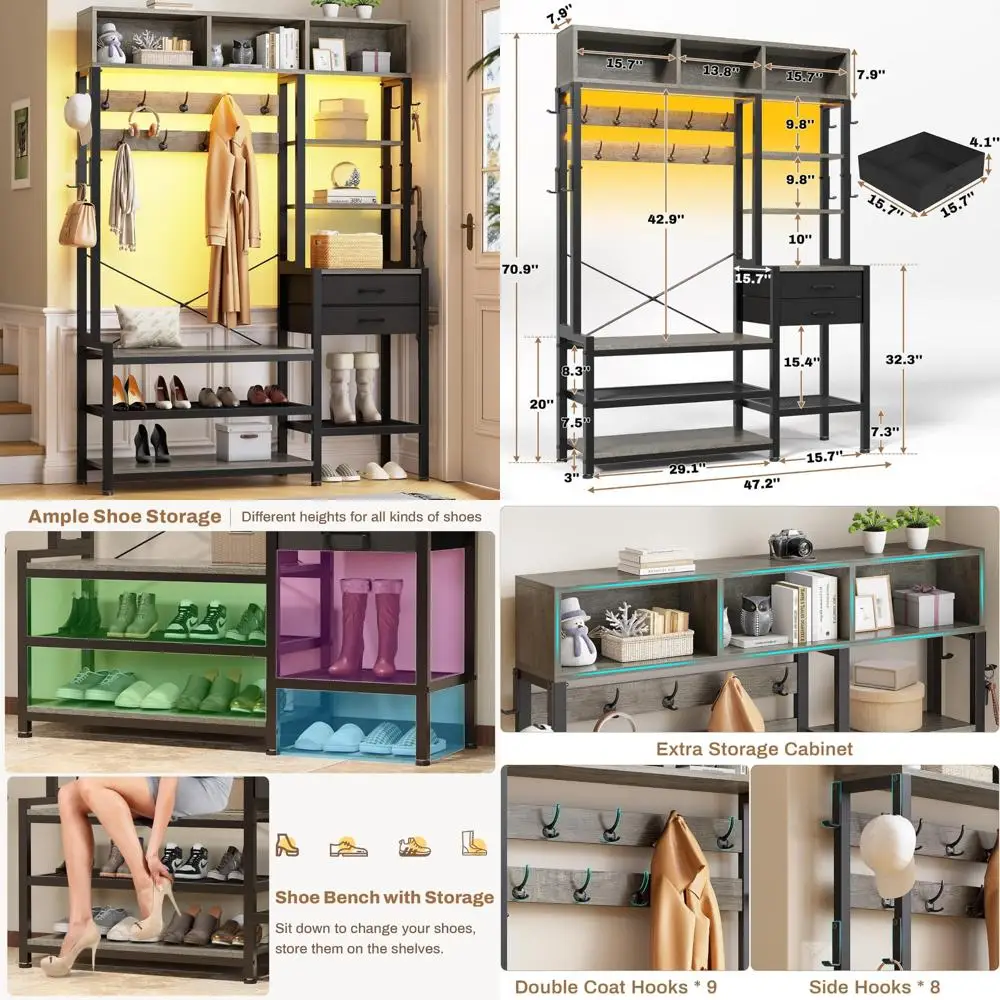 مقعد مدخل متعدد الوظائف 7 في 1 مع مساحة تخزين الأحذية ورف المعاطف وأرفف المكعبات و17 خطافًا للتنظيم