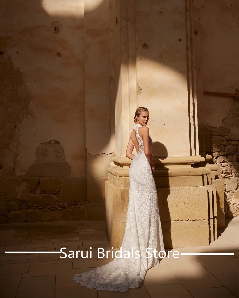 Abito da sposa bohémien con tubino in pizzo personalizzato con scollo all'americana aperto sul retro Trian senza maniche elegante abito da sposa da sposa abiti da noche