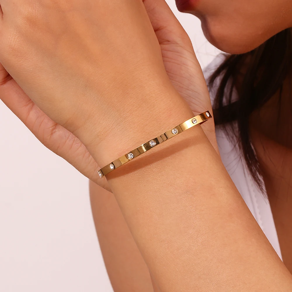 E.B.belle Dotted Zircon Buckle Bracelet Water Resistant 316L Stainless Steel Bracelet for Women 18K Gold Plated Jewelry
