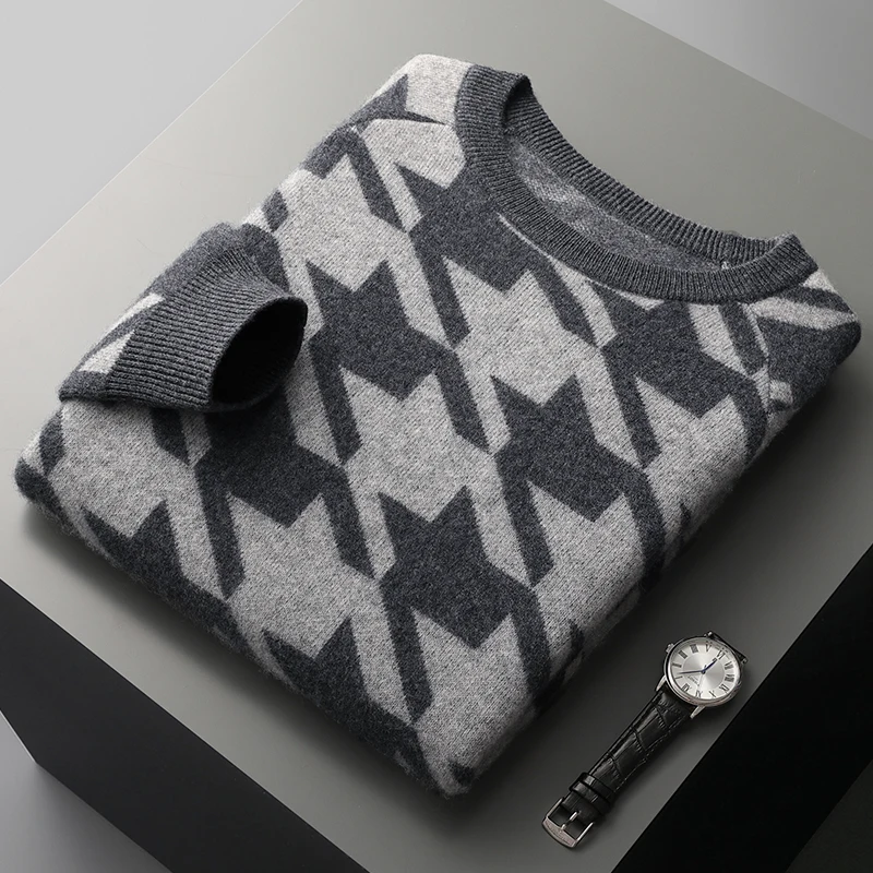 Fall/Winter 2024 New men's O-neck 100% pure wool contrast fashion knitted pullover leisure long-sleeved cashmere sweater