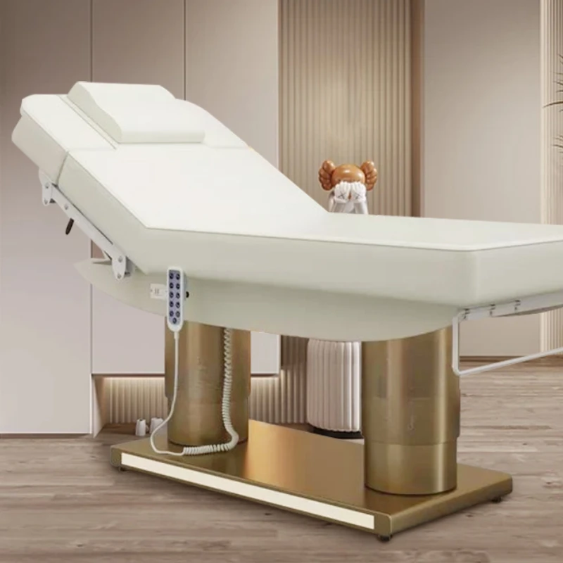 

Luxury Salon Furniture White Gold Electric Facial Cosmetic Beauty Massage Bed Table