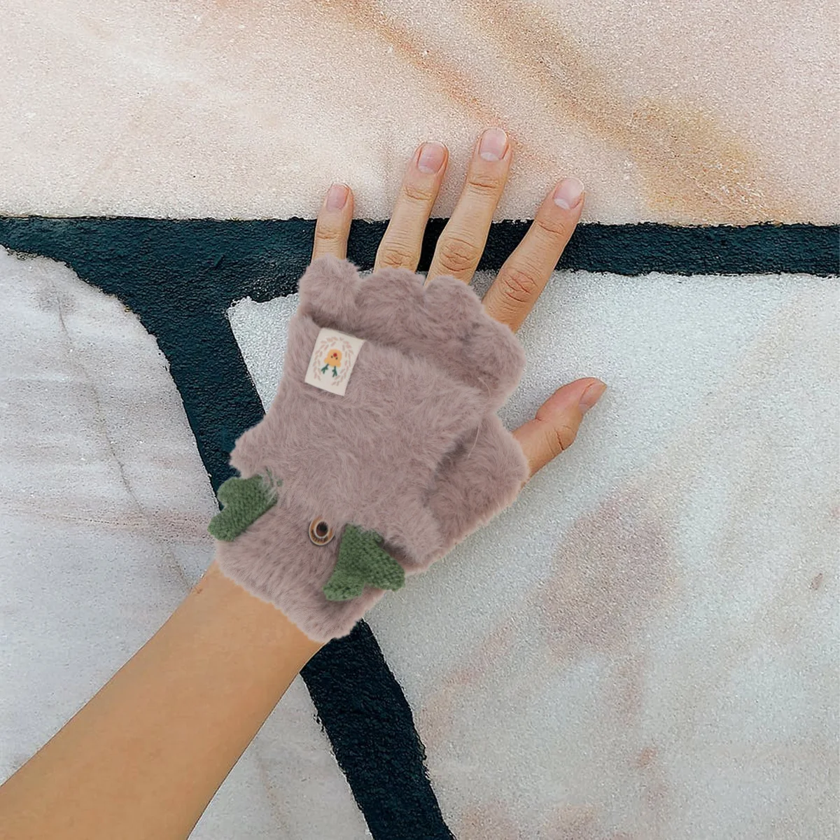 

1Pair Kids Thermal Lined Gloves Warm Soft Touch Half Finger Design for Cold Weather Protection Outdoor Wear Beige Antler Style