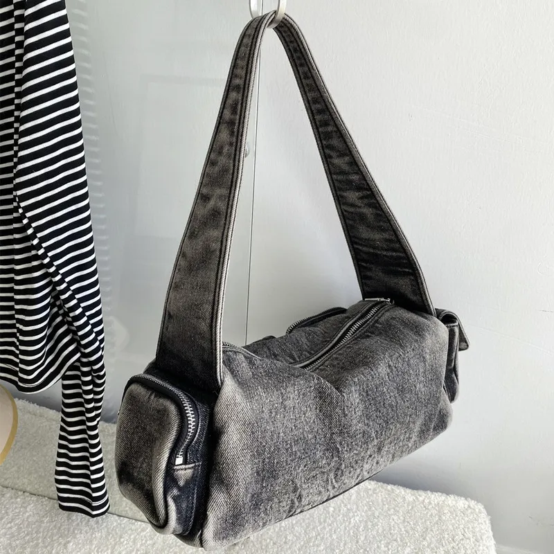 Women Denim Crossbody Bag Casual Large Capacity Shoulder Bag Vintage Solid Color Messenger Bag Multi-Pockets Zipper Commute Bag
