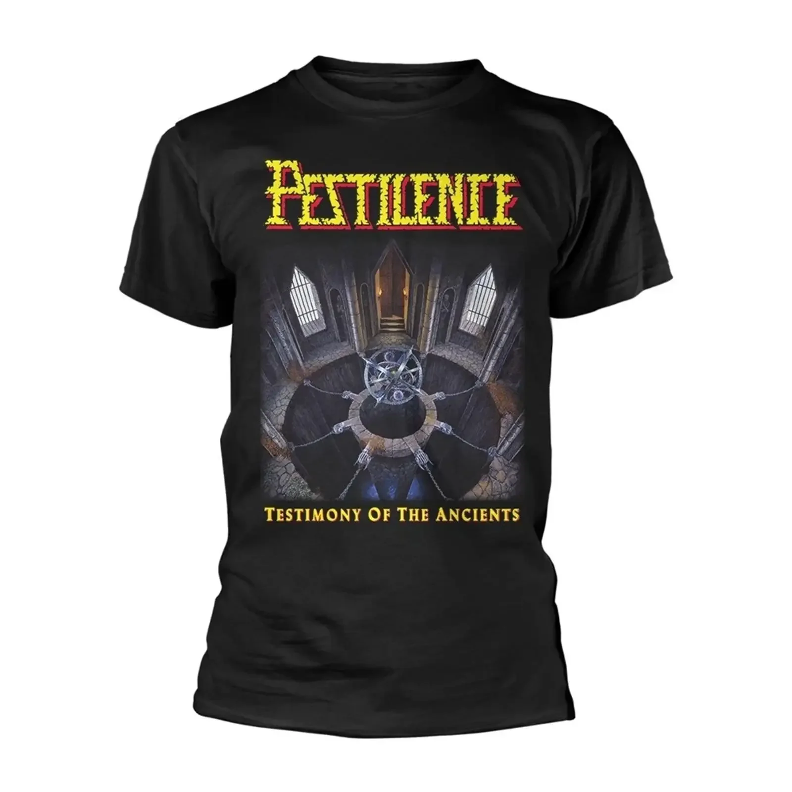 T-shirt noir PESTILENCE TESTIMONY OF THE ANCIENTS, imprimé devant et derrière, petit format vintage, délavé, décontracté, polyvalent, légèrement graphique