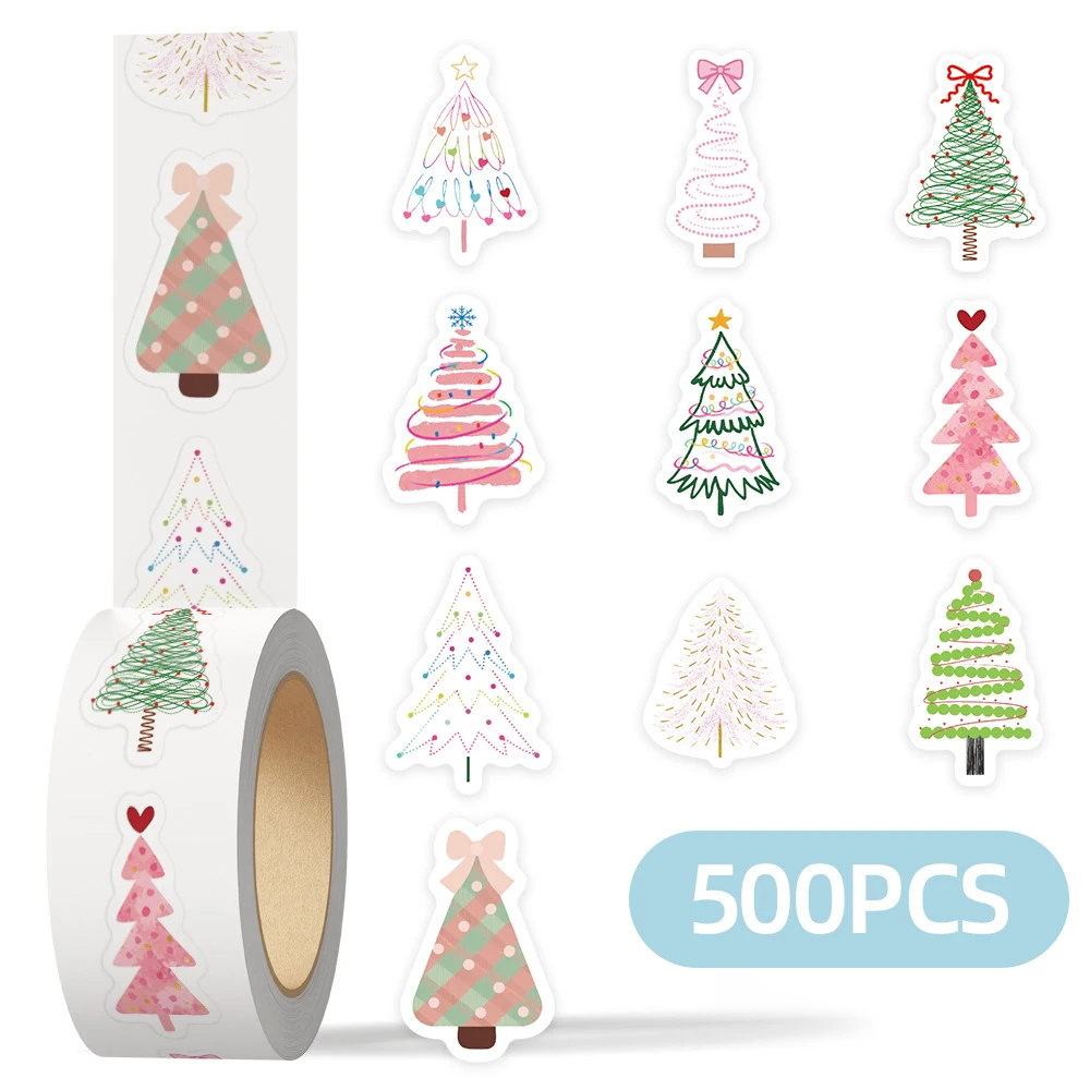 

500pcs/roll Cute Watercolor Christmas Tree Stickers Cartoon Sealing Label Decals Scrapbooking Phone Laptop Funny Graffiti Decals