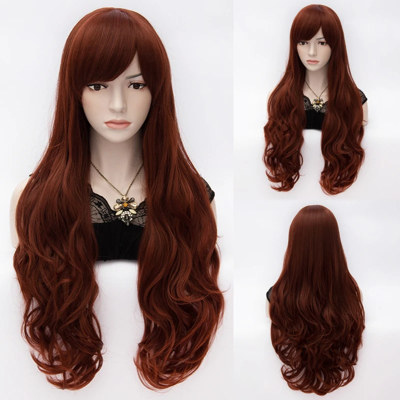 

MSIWIGS Long Brown Cosplay Wigs African American for Women Heat Resistant Synthetic Fake Hair Piece with Side Bangs