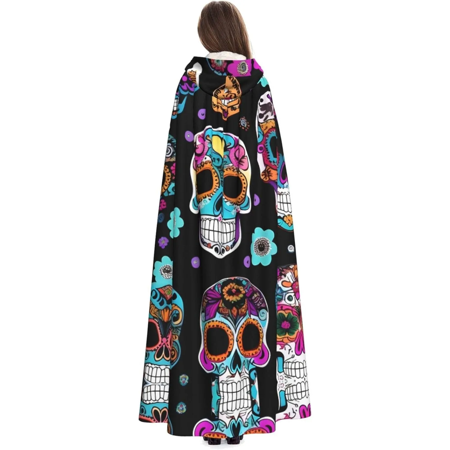 

Накидка с капюшоном для взрослых с принтом сахарного черепа, карнавальная праздничная накидка, халат для косплея, костюм для вечеринки, готический карнавал