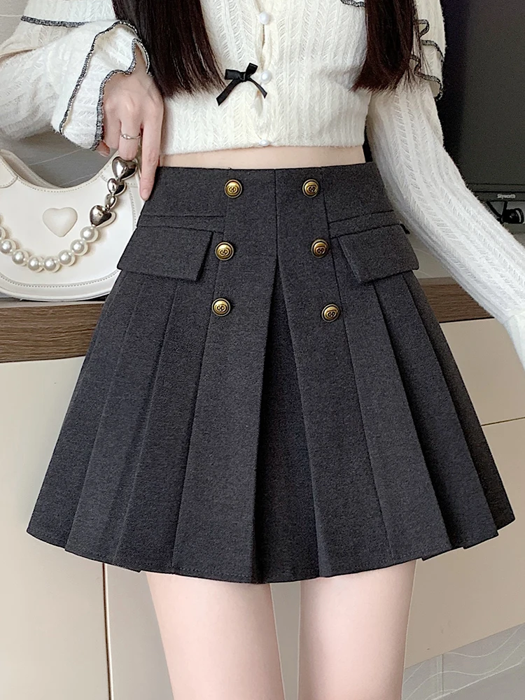 

Vintage Breasted Woolen Skirt Women 2024 New High Waist A-Line Pleated Short Skirts Preppy Style Mini Skirts with Shorts Korean