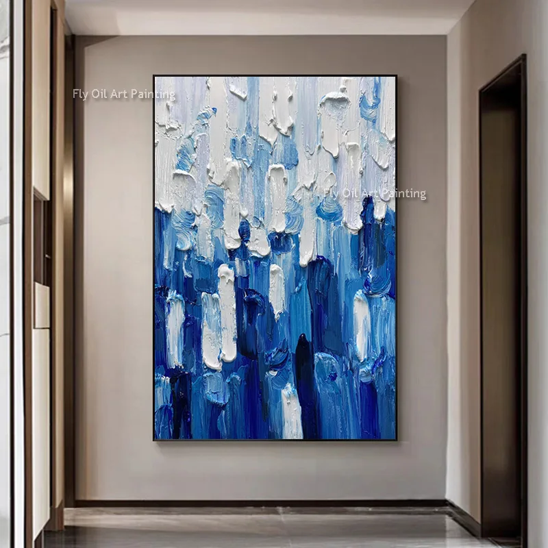 Handmade Abstract Blue And White Knife Thick Oil Painting On Canvas Original Design Color Mixed Wall Art For Living Room Decor