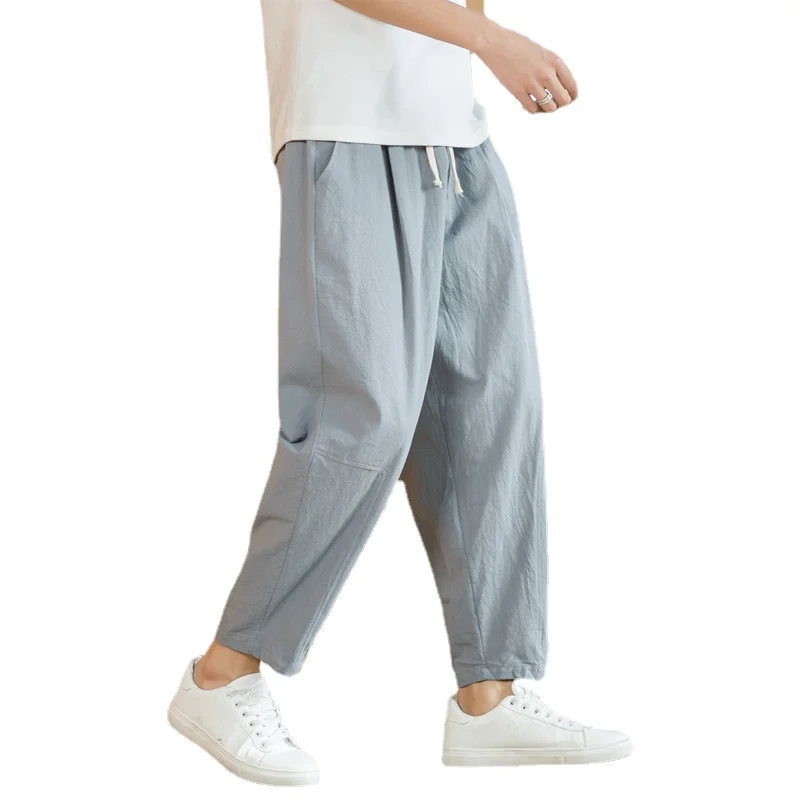 2023 Summer Men's Trousers Cotton Linen Fashion Casual Pants  Breathable Loose Shorts Straight Pants