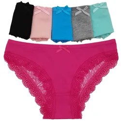 Women Underwear Panties Ladies Girls Cute Full Lace Bow Cotton Briefs Knickers Intimates Lingerie M L XL 5 Pcs/lot