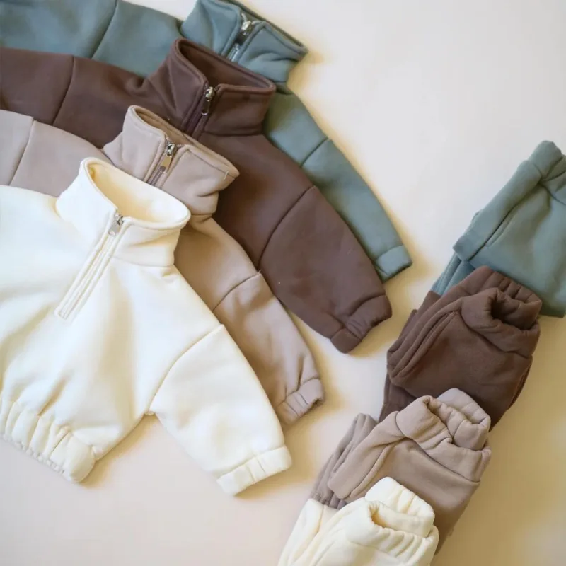 2023 New Winter Girls Boys Two Piece Set Top Pant Fashion High Neck Half Pull Chain Leggings with Fleece Warm
