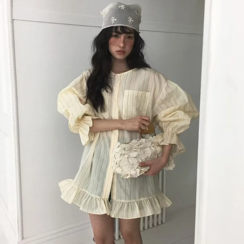 

Korean Fashion Fungus Patchwork Tops Mujer Big Pocket Striped Shirt for Women 2025 Early Autumn New Shirts & Blouses Tops