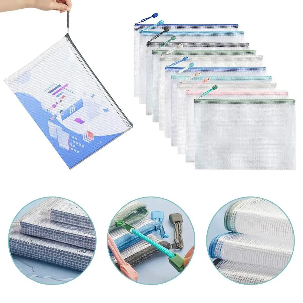 

10pcs Transparent mesh zipper bag Waterproof Durable Pencil Case Test Paper Bag School Office Supplies File Document Bag