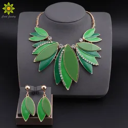Nigerian Wedding African Beads Green Enamel Leaves Shape Pendant Necklace Earrings Gold Color Jewelry Sets