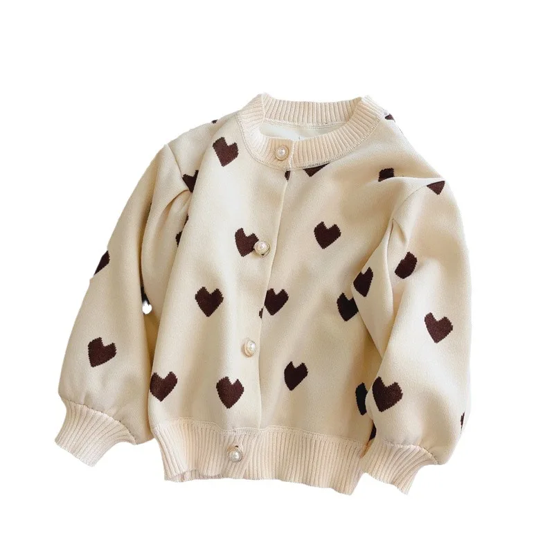 Spring Autumn Girls Knit Cardigan, Korean Stylish Lantern Sleeve Heart Pattern Sweater Coat Kids Fashion Outer Top