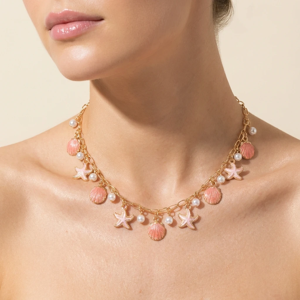 Y2K Einzigartige Meeres-Themen-Halskette für Frauen Boho Rosa Emaille Seestern Jakobsmuschel Anhänger Choker Halskette Ästhetischer Sommerschmuck – Detail 2