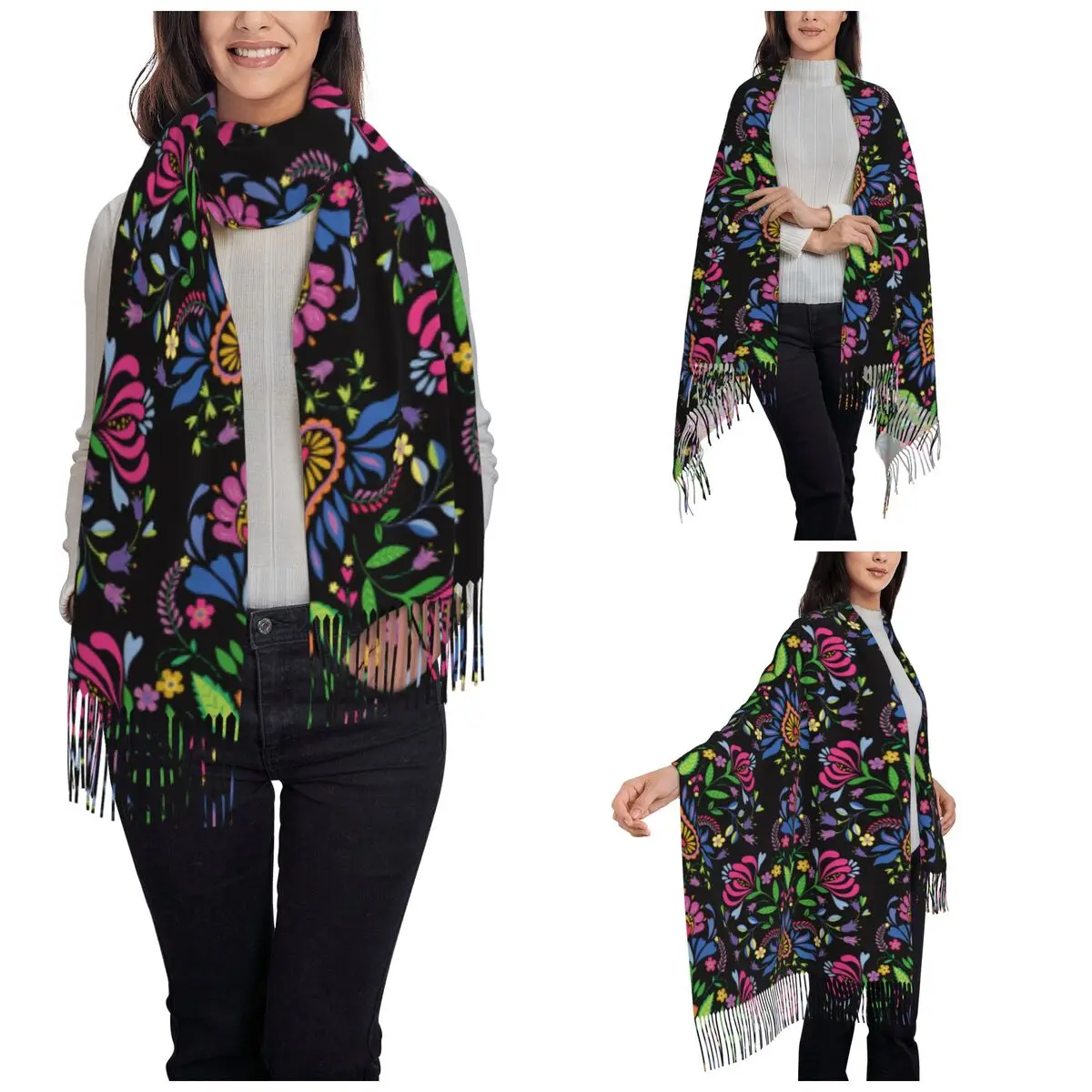 Womens Scarf with Tassel Mexican Floral Folk Pattern Large Winter Warm Shawl Wrap Polish Ethnic Flowers Gifts Pashmina Scarves