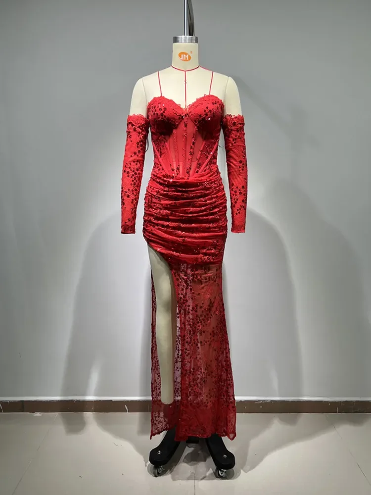 Women Red Party Dress Sexy Elegant Strapless Open Leg Pearl Embroidery Long Dress with Gloves Celebrity Evening Party Prom Gowns