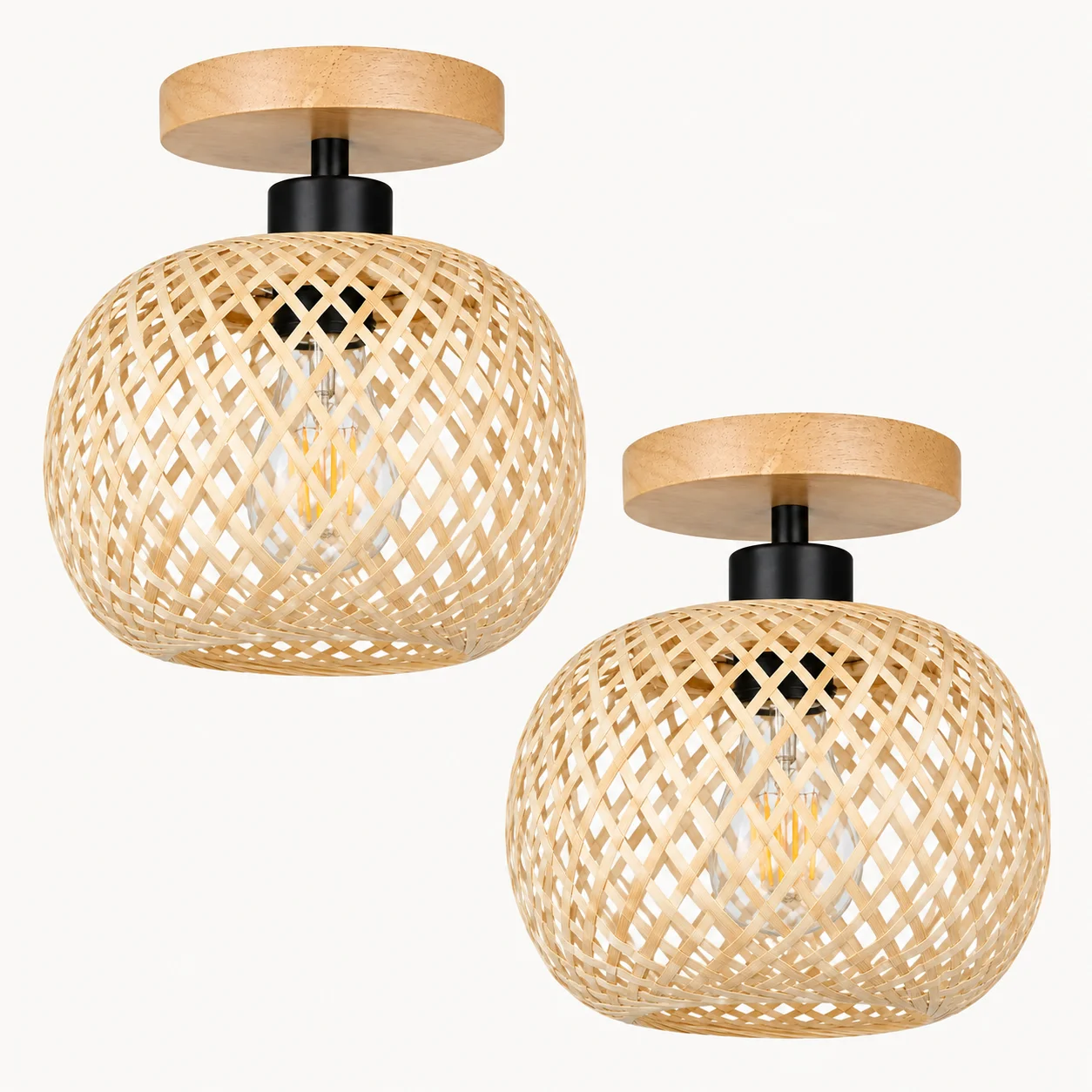 JOYINLED 1/2PCS 20cm Bamboo Flush Mount Ceiling Light, Handwoven Rattan Shade Boho Farmhouse Fixture for Bedroom Hallway Kitchen