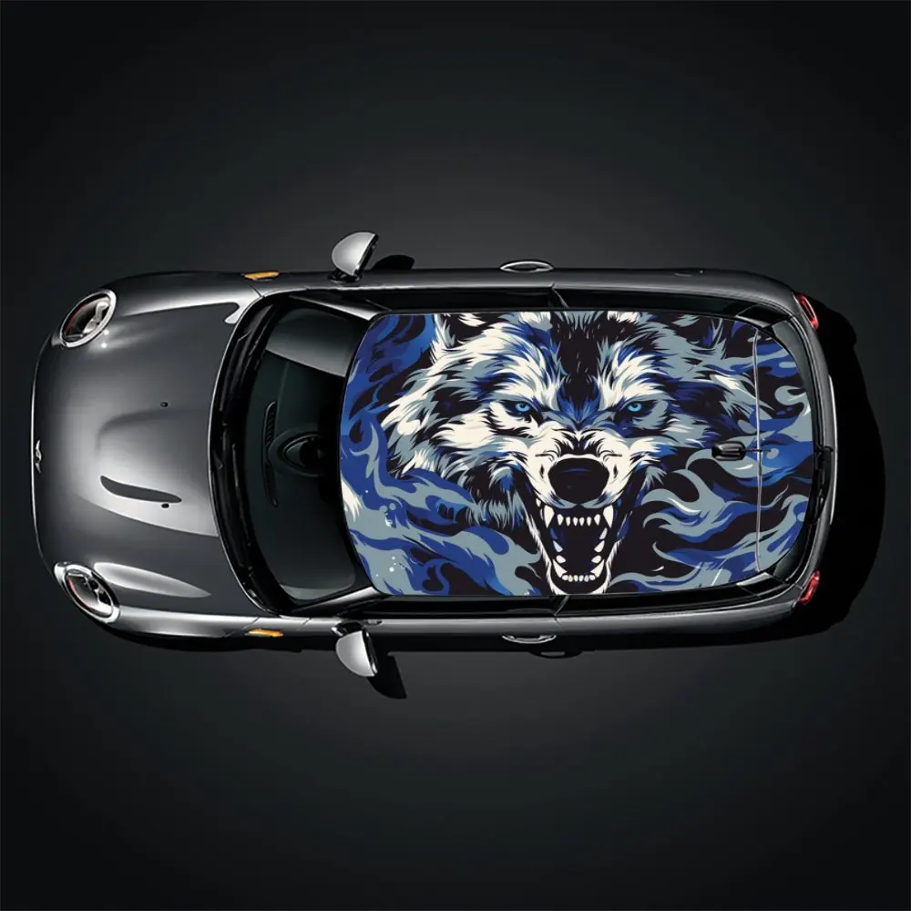 Ice Blue Furious Wolf: نمط اللهب في أغطية الفينيل للسيارة ذات الرسومات البرية، ورسومات سقف السيارة من الفينيل، وإحضار فيزوا مذهل