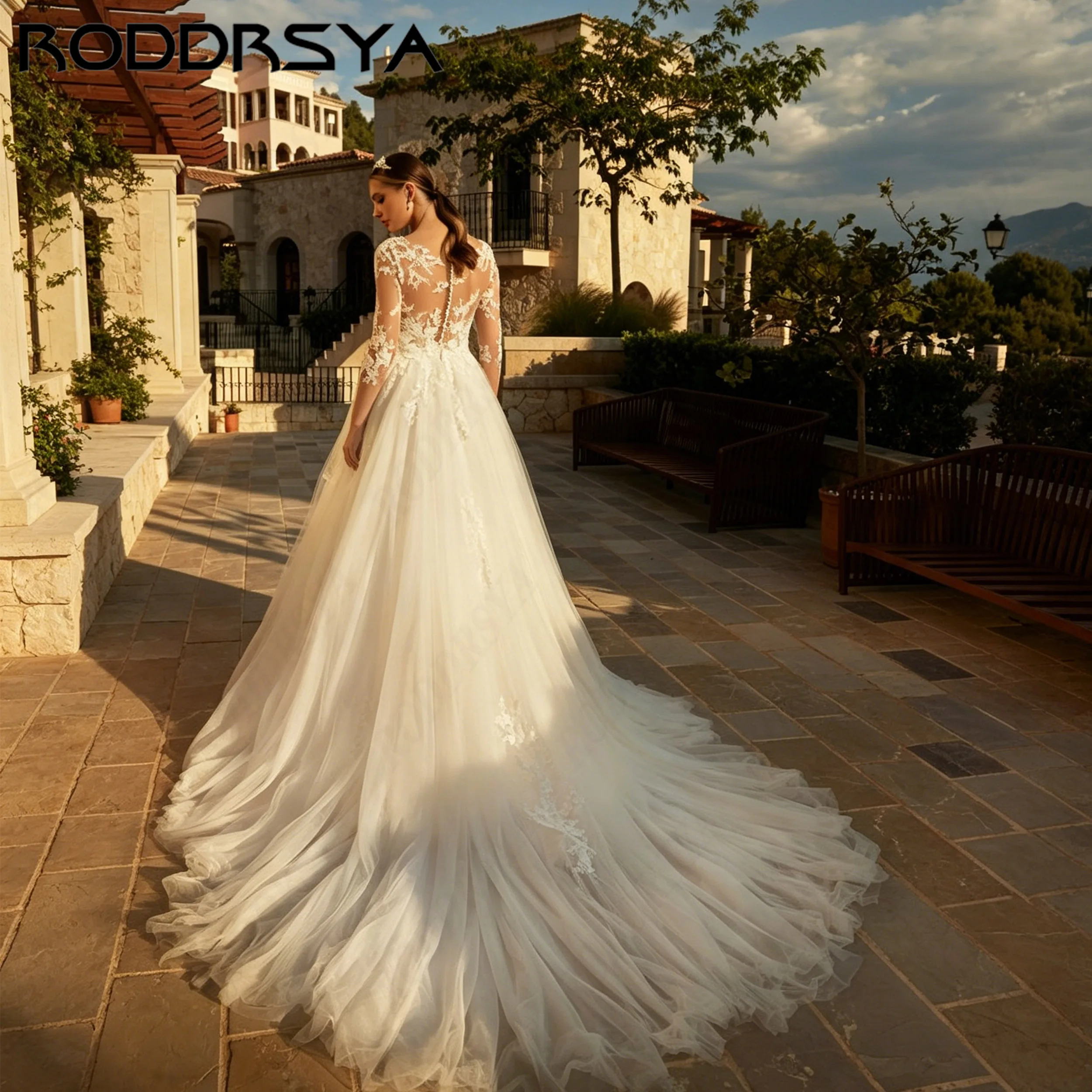 RODDRSYA Appliques Illusion Sleeve A-Line Wedding Dress Scoop Neck Tulle Bridal Gown Exquisite vestidos de novia Customized