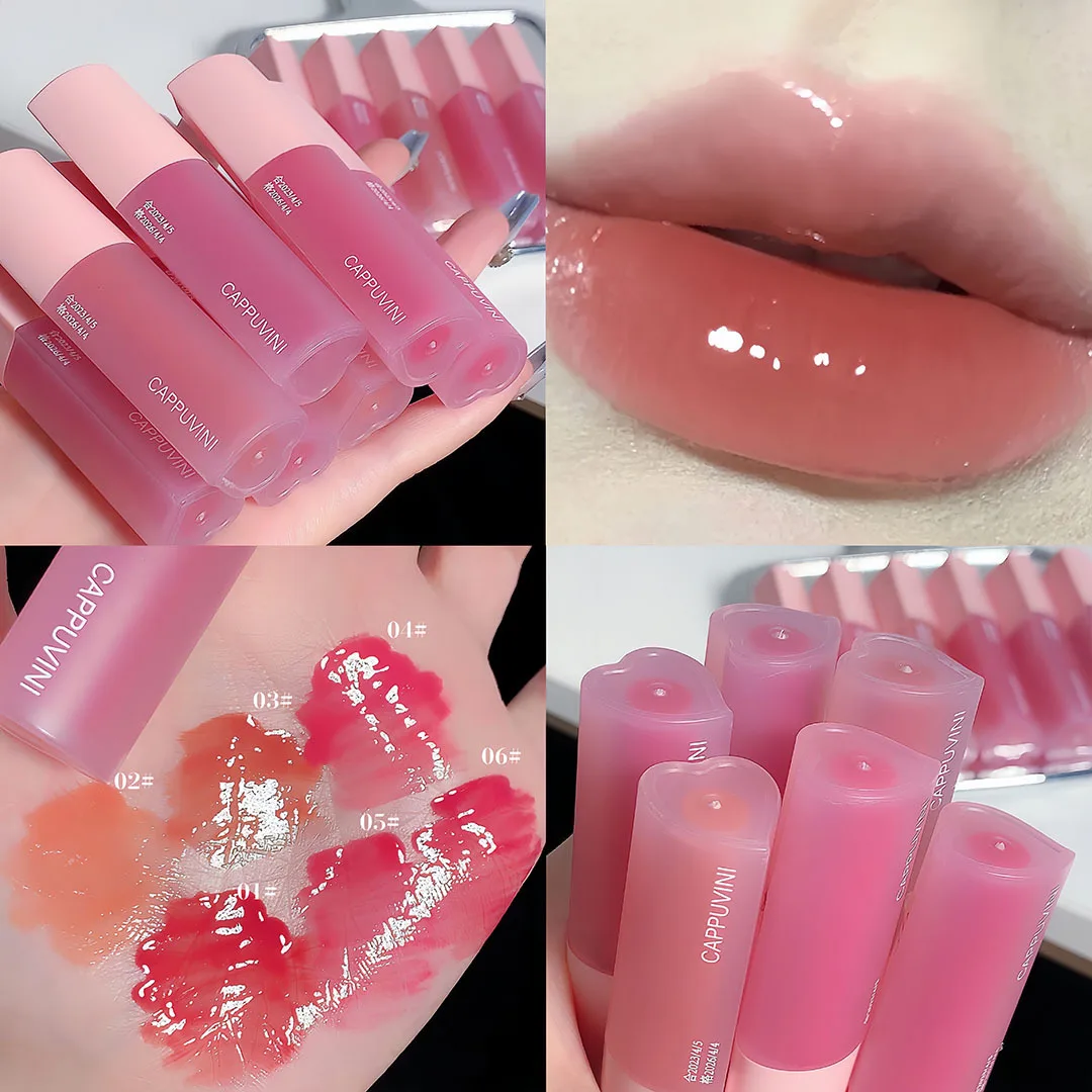 รูปหัวใจสีชมพู Lip Glaze Mirror ลิปสติกให้ความชุ่มชื้นยาวนานเงาเซ็กซี่ Lip Tint แก้วสีแดงหญิง Plumper แต่งหน้า