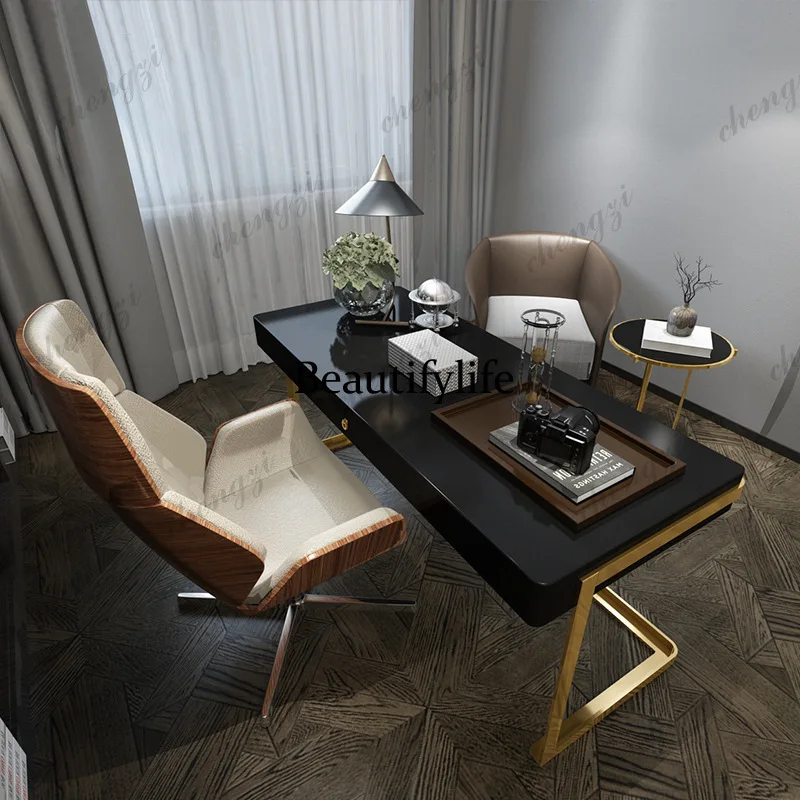 T41 Postmodern Light Luxury Office Desks Lacquered Stainless Steel Titanium-plated Office Desks Consultation Furniture Bureau