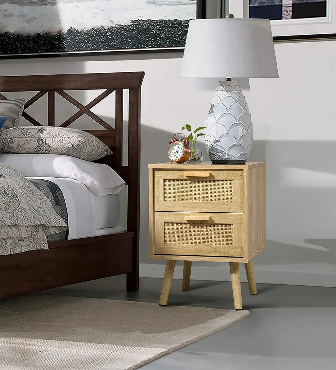 Side Table with 2 Hand Made Rattan Decorated Drawers, Nightstands Set of 2, Wood Accent Table with Storage for Bedroom, Natural,