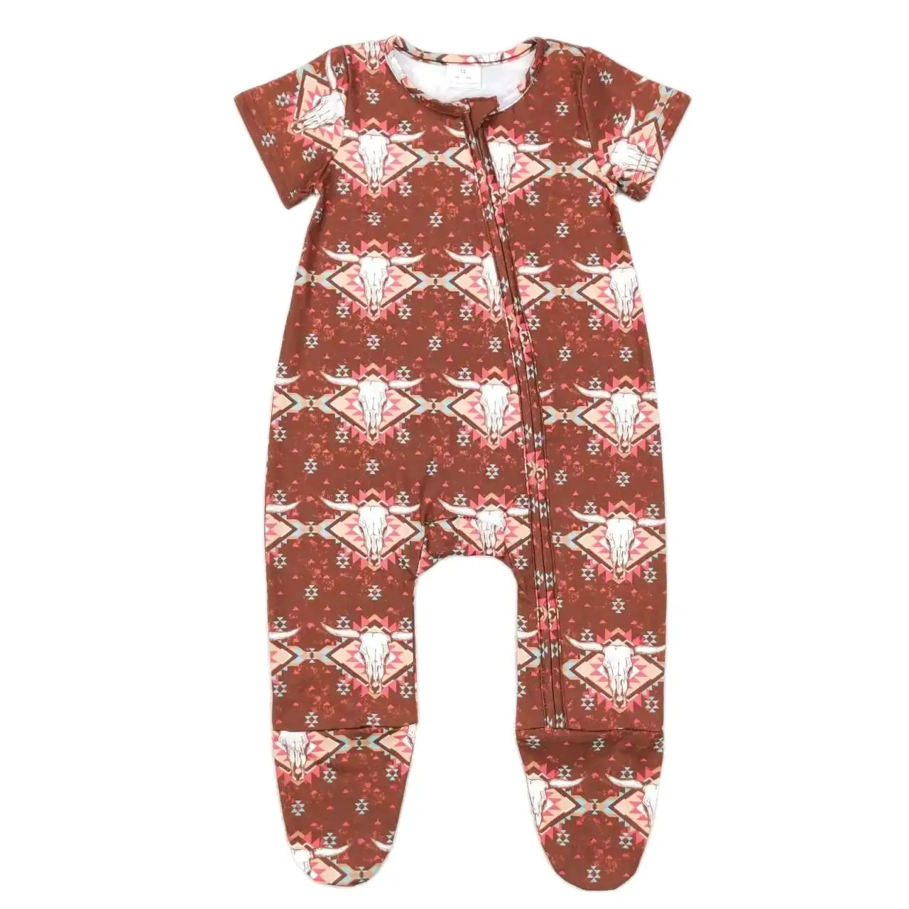 

SR0199 kids clothing cow head geometric pattern short-sleeved jumpsuit brown color cotton romper
