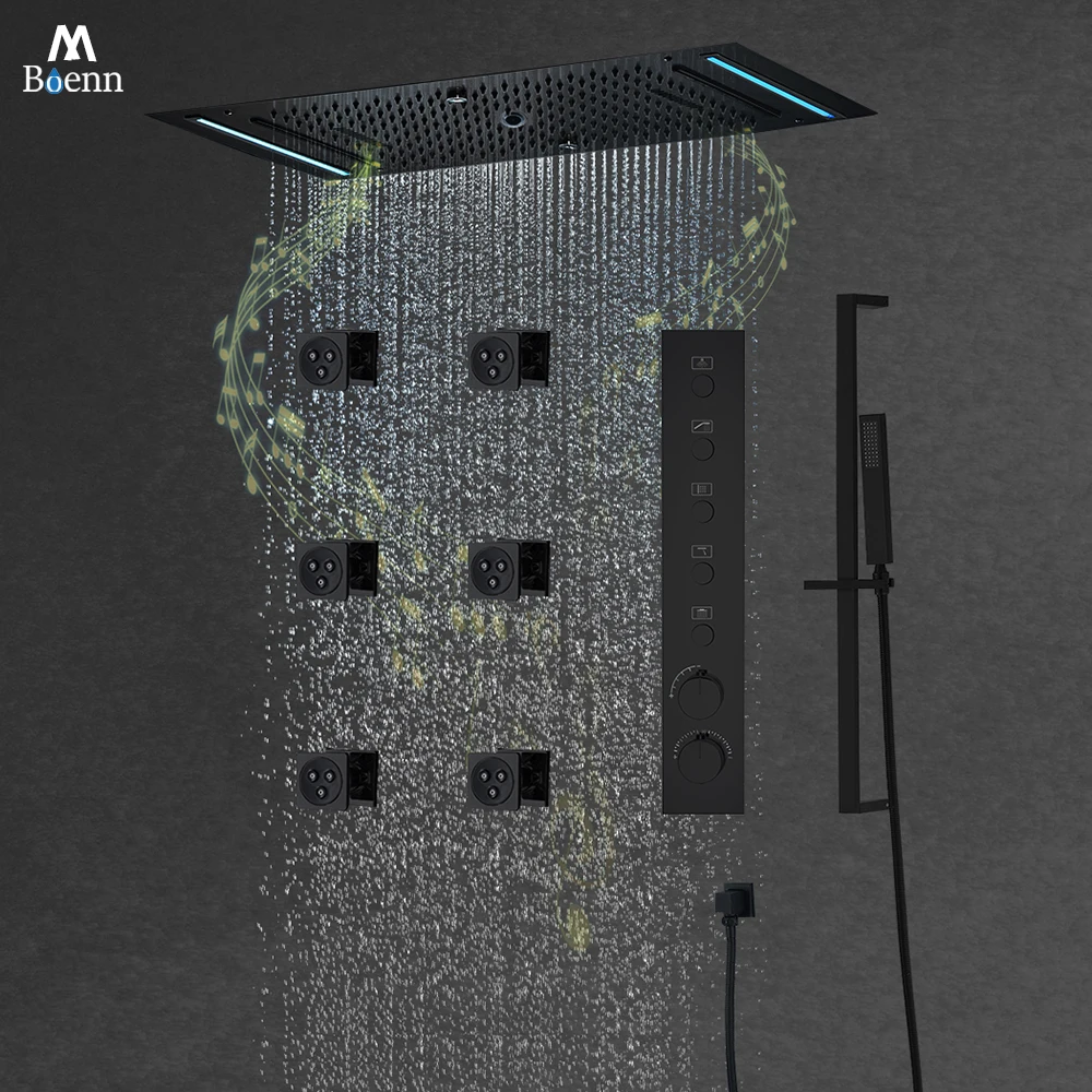 

Смеситель для душа в ванной комнате с переключателем термостата, черная душевая система, смесители, потолочная умная музыкальная насадка для душа для набора аксессуаров для ванны