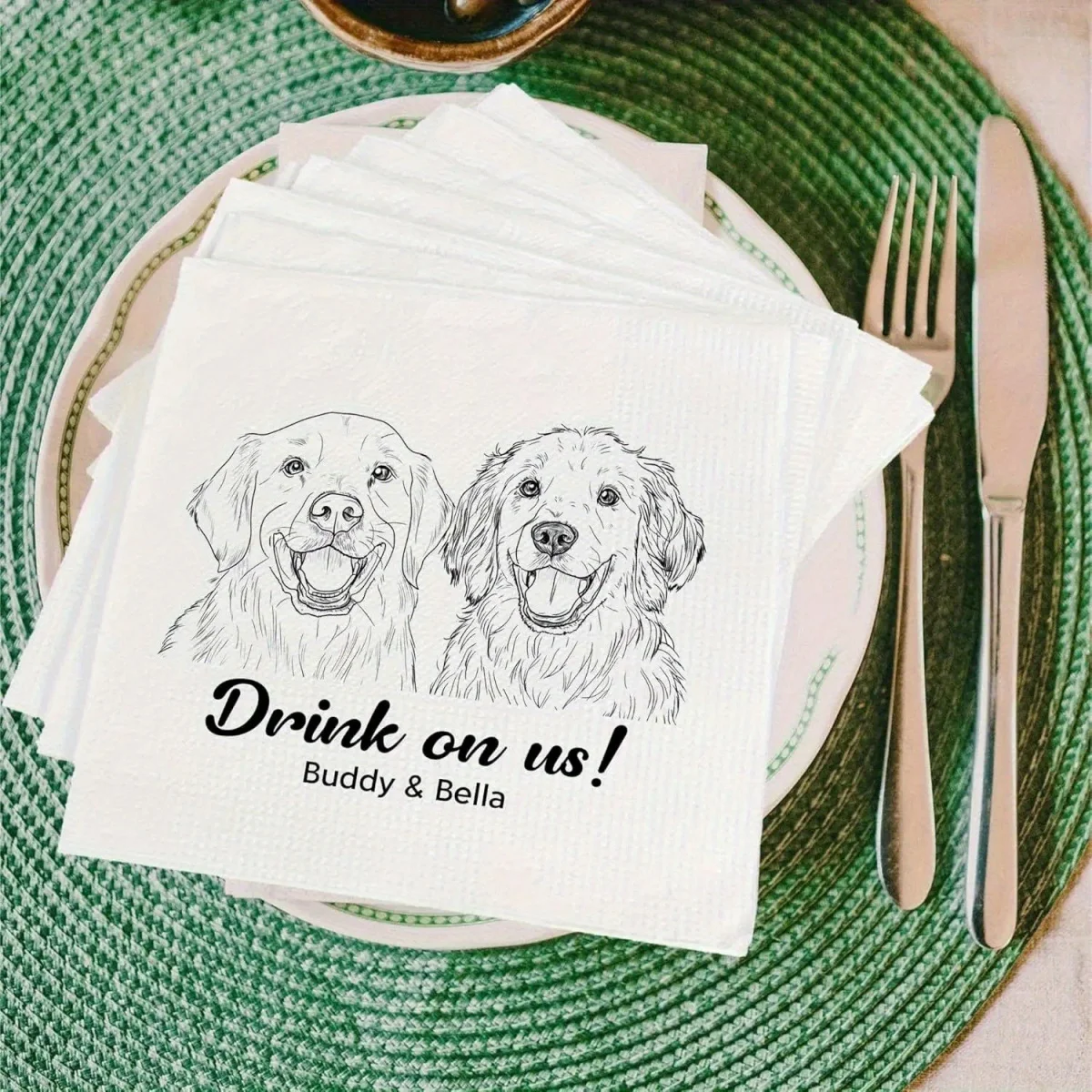 Custom Pet Portrait Cocktail Napkins – Personalized Illustrations & Fun Prints – Disposable Paper Napkins for Weddings, Parties,