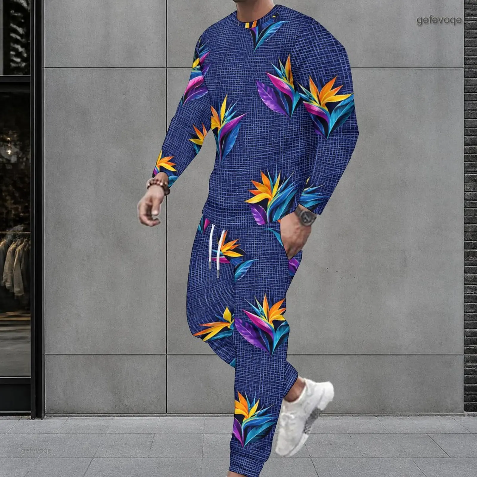 Men Printed Round Neck Long Sleeve Top and Cuffed Pants Two Piece Set, Colorful Bird of Paradise Floral Pattern