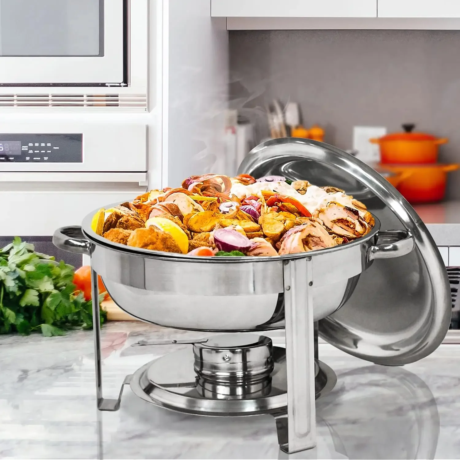 

Pack of 6 Round Chafing Dish Full Size 5 Quart Stainless Steel Deep Pans Chafer Dish Set Buffet Catering Party Events