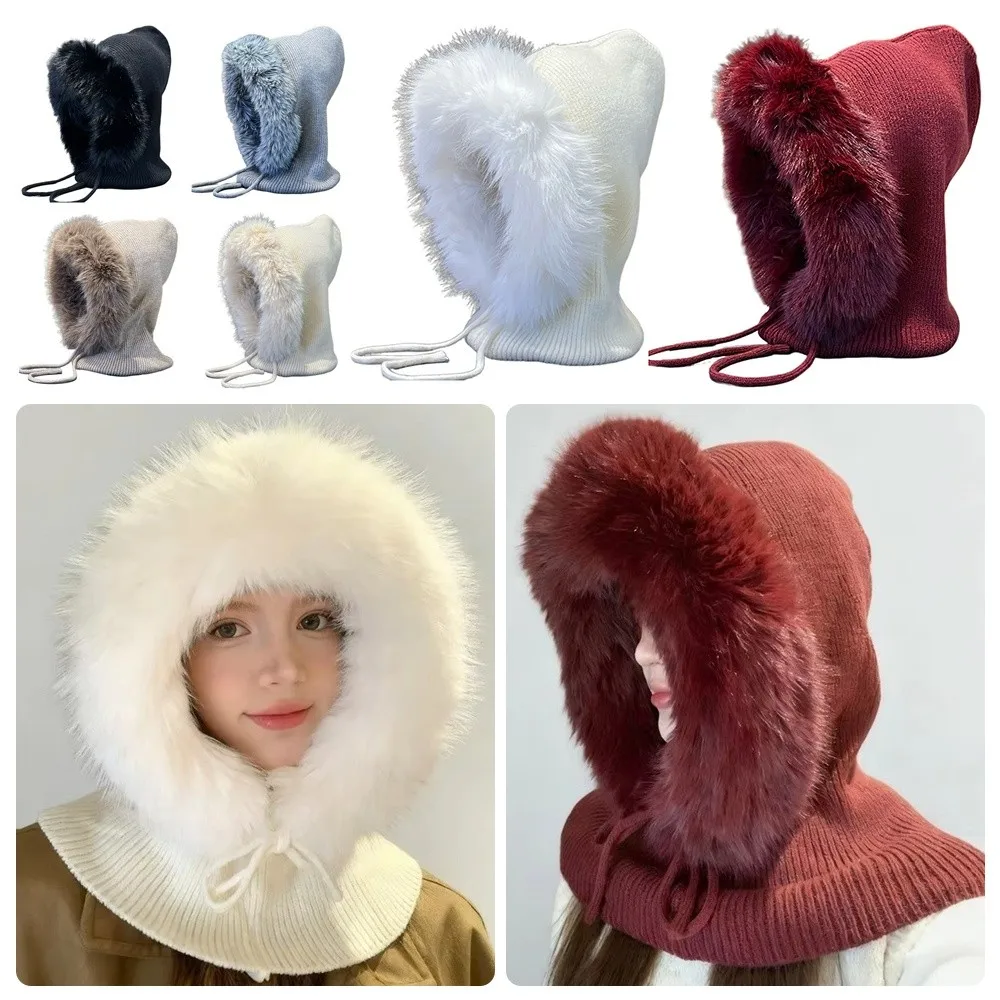 Versatile Balaclava Hat Imitation Mink Wool Integrated Neck Guard Knitted Hat Drawstring Design Cold-proof Pullover Hat