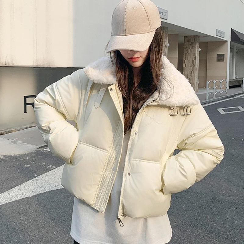 

Parkas Jackets Women Solid Short Coats Zipper Pocket Turn Down Wool Collar Long Sleeves Thick Office Lady Casual 2025 Winter