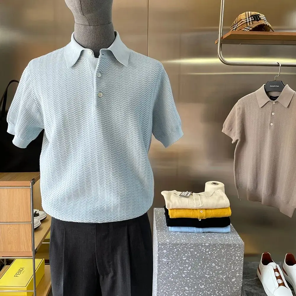 Imported 2400 Cabinet Combed Cotton 16 Needle Wave Texture Men's Short Sleeve  Shirt Casual Turn-down Collar T-shirt