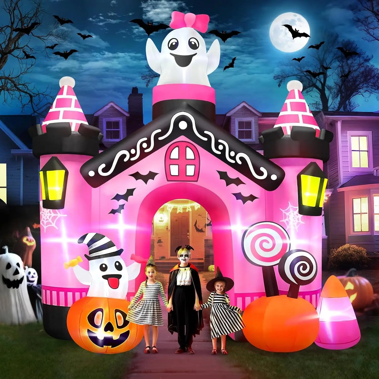 11 FT Halloween Inflatables Ghost Archway Outdoor Decorations, Pink Castle Arch Blow Up Yard Decorations Scary Inflatable with B