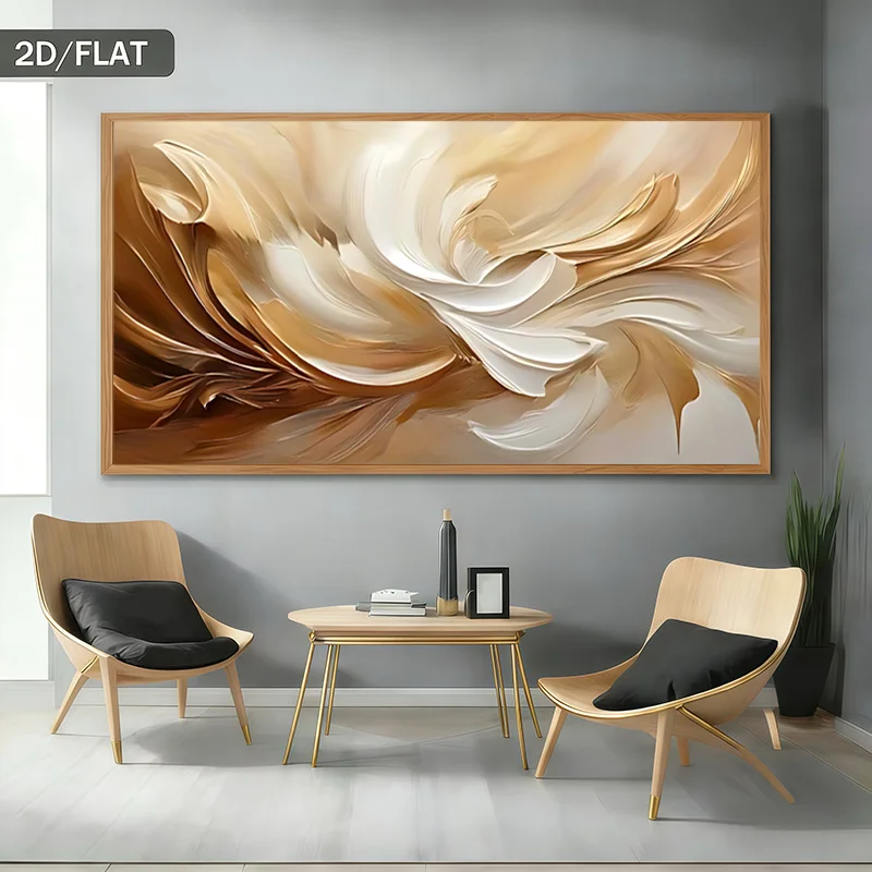 Modern Abstract Frameless Canvas Wall Art -  Suitable for Living Room, Bedroom, Hallway Décor with Soft Swirls & Golden Accent P
