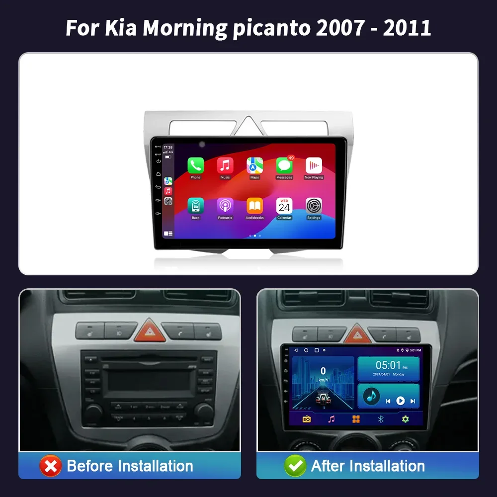 สําหรับ Kia Morning picanto 2007-2011 รถวิทยุ Android 14 มัลติมีเดียนําทาง Wireless CarPlay สเตอริโอหน้าจอ