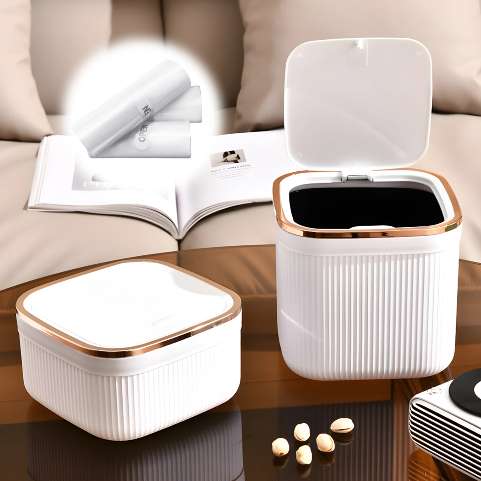 

Press on desktop trash can, rose gold edged office high aesthetic pop-up lid countertop trash can