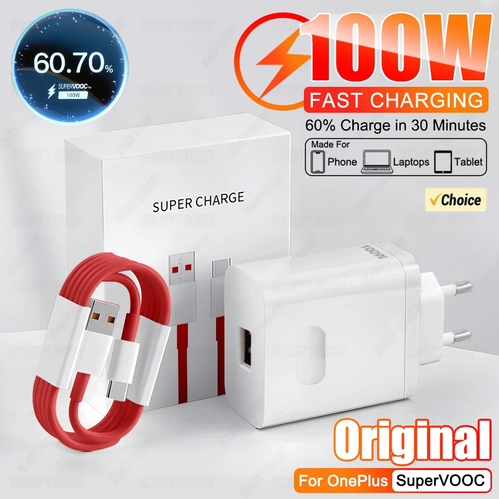 100W SuperVOOC Fast Charger Quick Charging Wall Phone Adapter for Oneplus 13r 12r 12 13 11 10 Ace 5 Pro USB Charger Type C Cable