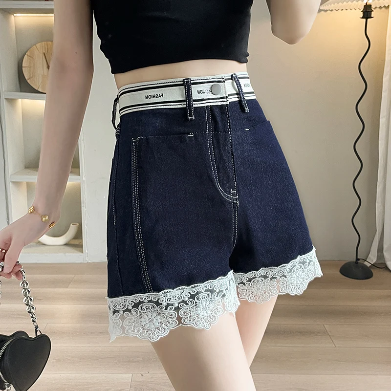 

2026 New Slim Fit Denim Shorts Women Dark Wash Lace Trim Elastic Waist Casual Streetwear Summer Jean Shorts