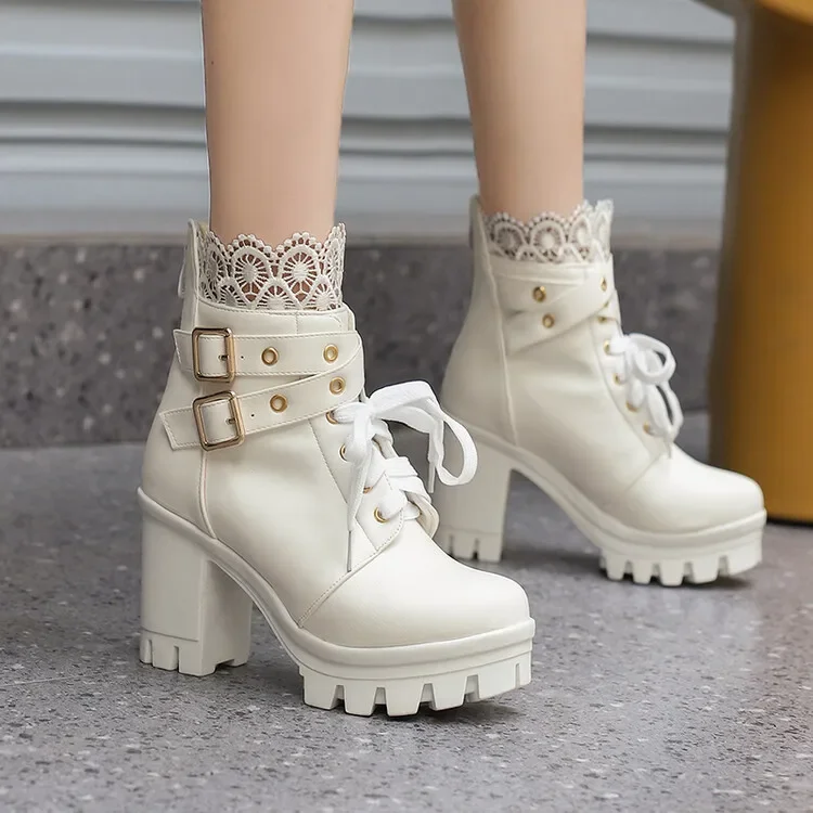 2023 Great Quality Block High Heels Women Ankle Boots White Shoes Lace Decor Lace Up Chunky Heeled Fashion Platform Boots Verclo