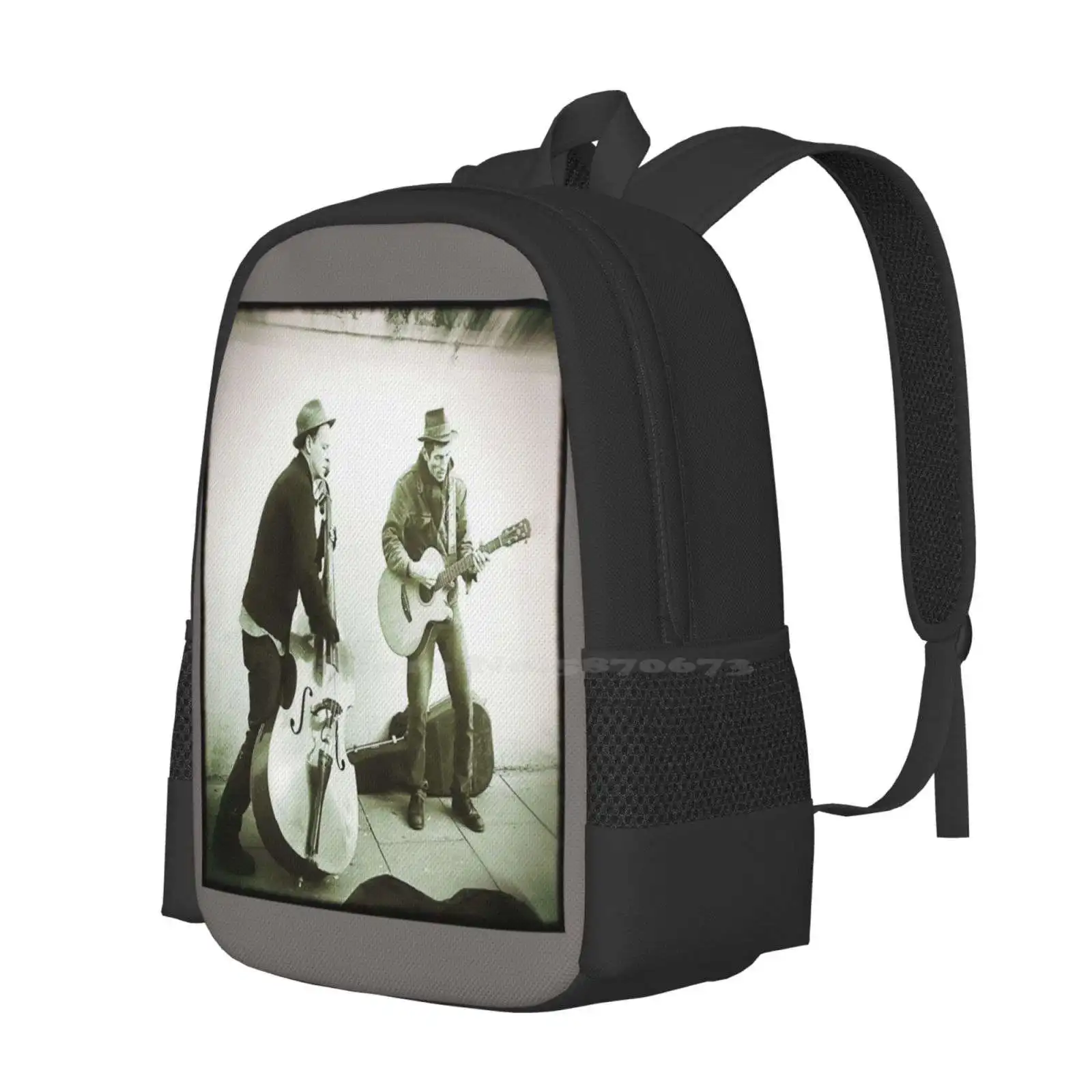 Buskers School Bags Travel Laptop Backpack Buskers Black White Instruments Musicians Players Portobello Road Portrait Square