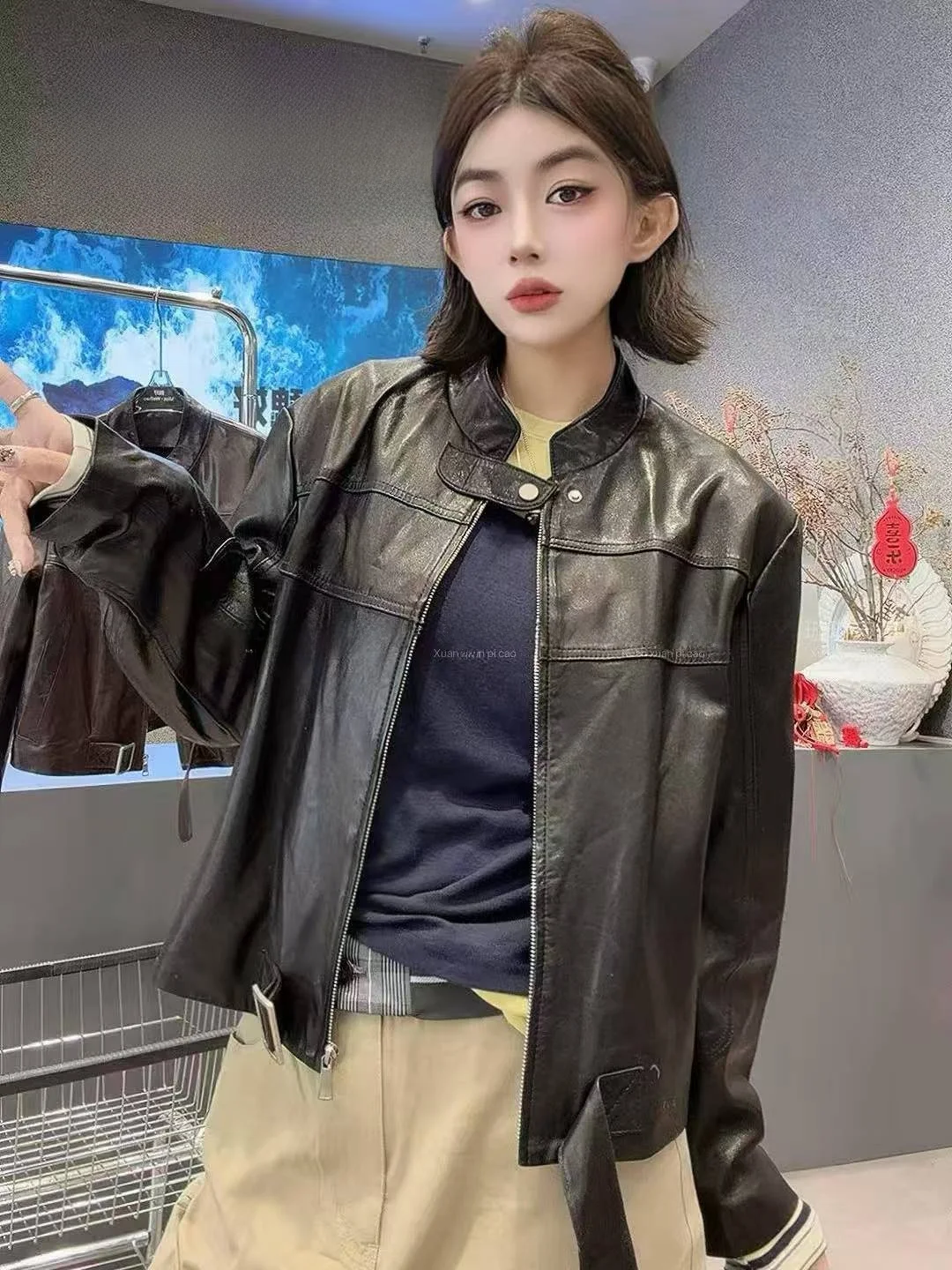 

2026 New Women's eepskin Leather Jaet ort round Ne Biker Coat Outerwear Zipper Loose Fit Long Sve Commute Sle