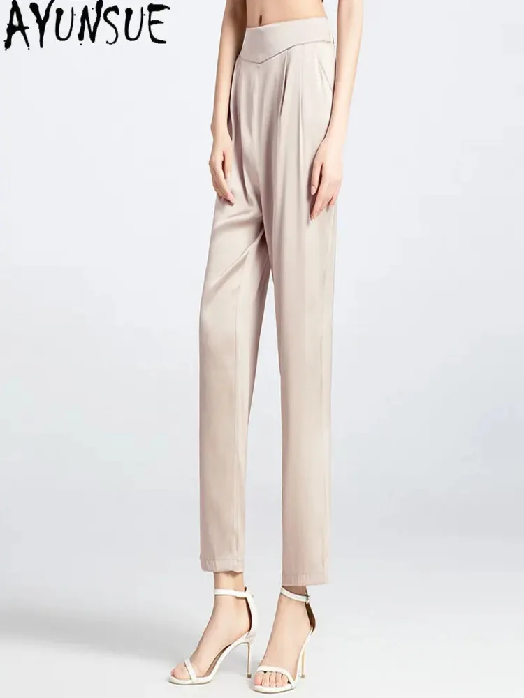 

2024 Elegant 100% Mulberry Silk Thin Pants Lady Streetwear Woman Clothing Spring Summer Harem Women High Waist Pantalones