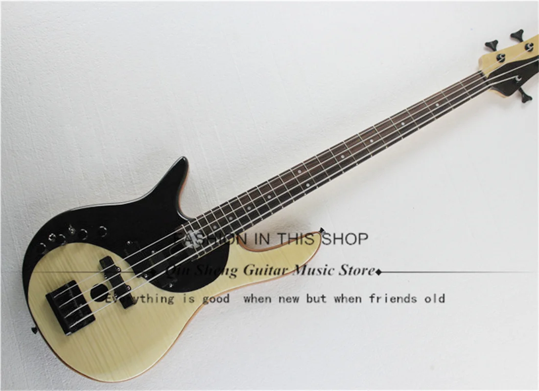 

4 String Left Hand Electric Bass Yin Yang Bass Ash Wood Body Rosewood Solid Top Black Fixed Bridge Taiji Bass Factory Custom